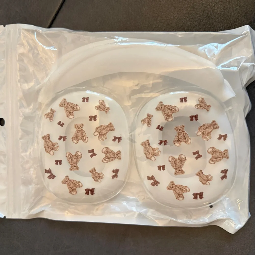 White AirPod Max Covers with Brown Teddy Bear Print- NEW